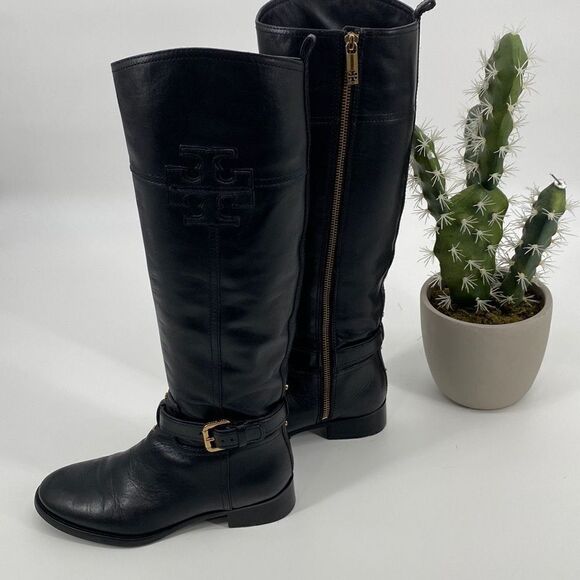 Tory Burch Leather Knee High Logo Riding Boots Black Size 6‎ - Picture 1 of 16